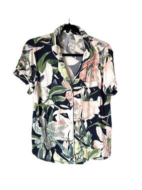 Floral Button-Down Lounge Shirt By Stars Above M Lightweight Fabric Tropical Pri